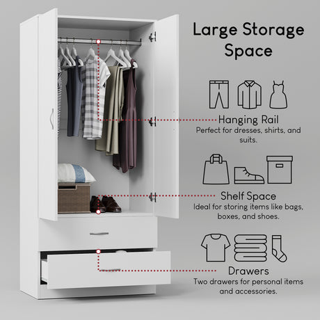 Riano 2 Door 2 DrawerWardrobe for Bedroom Storage- white
