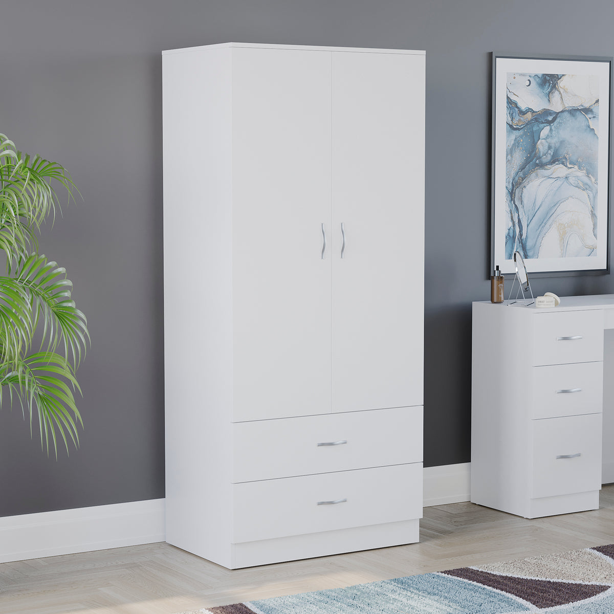 Riano 2 Door 2 DrawerWardrobe for Bedroom Storage- white
