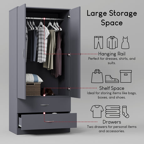 Riano 2 Door 2 Drawer Wardrobe for Bedroom Storage - grey
