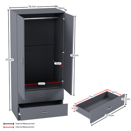 Riano 2 Door 2 Drawer Wardrobe for Bedroom Storage - grey
