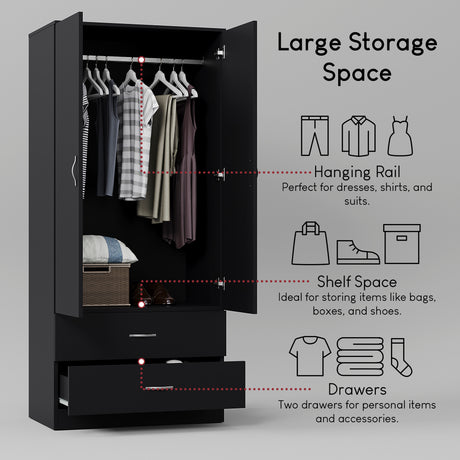 Riano 2 Door 2 Drawer Wardrobe for Bedroom Storage - Black
