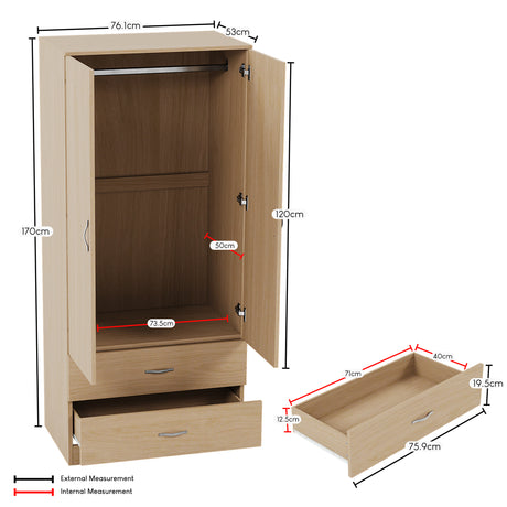 Riano 2 Door 2 Drawer Wardrobe for Bedroom Storage - Pine