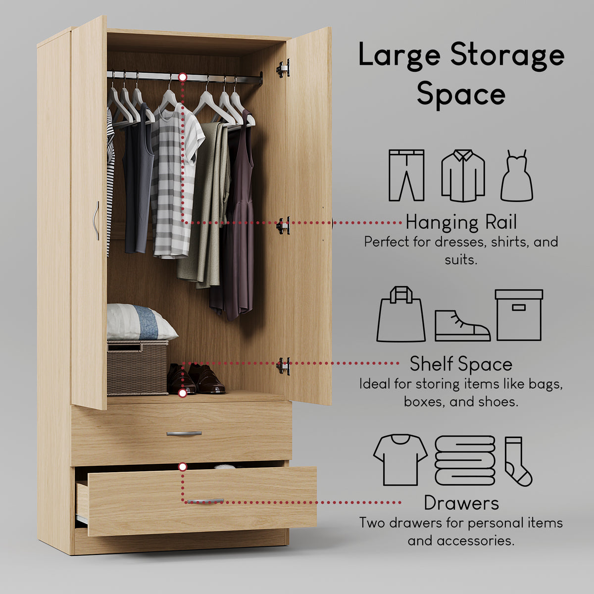 Riano 2 Door 2 Drawer Wardrobe for Bedroom Storage - Pine
