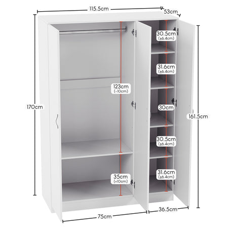 Riano 3 Door Wardrobe for Bedroom Storage- white
