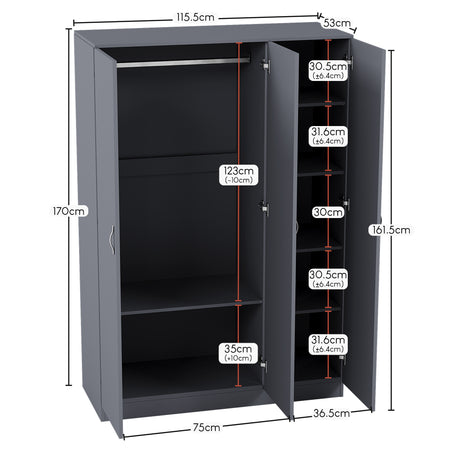 Riano 3 Door Wardrobe for Bedroom Storage - grey
