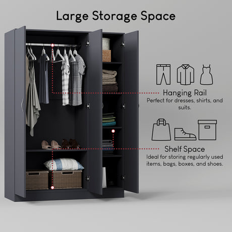 Riano 3 Door Wardrobe for Bedroom Storage - grey

