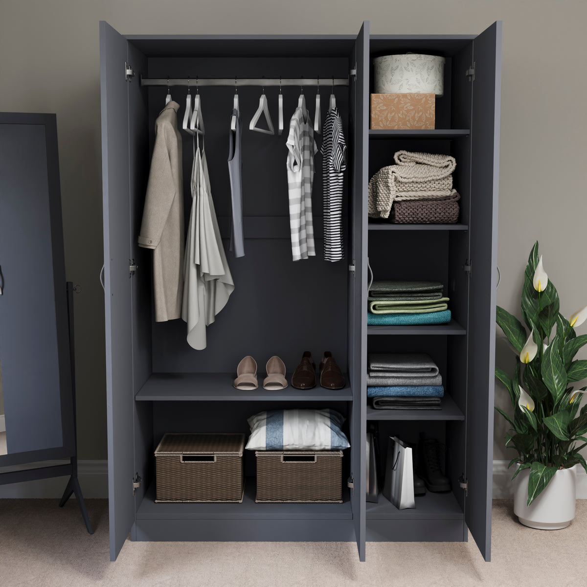 Riano 3 Door Wardrobe for Bedroom Storage - grey
