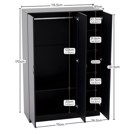 Riano 3 Door Wardrobe for Bedroom Storage - Black
