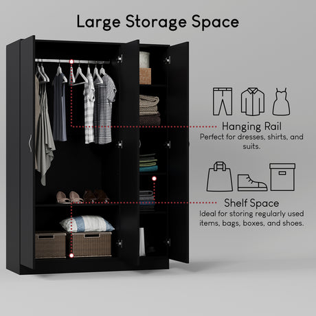 Riano 3 Door Wardrobe for Bedroom Storage - Black

