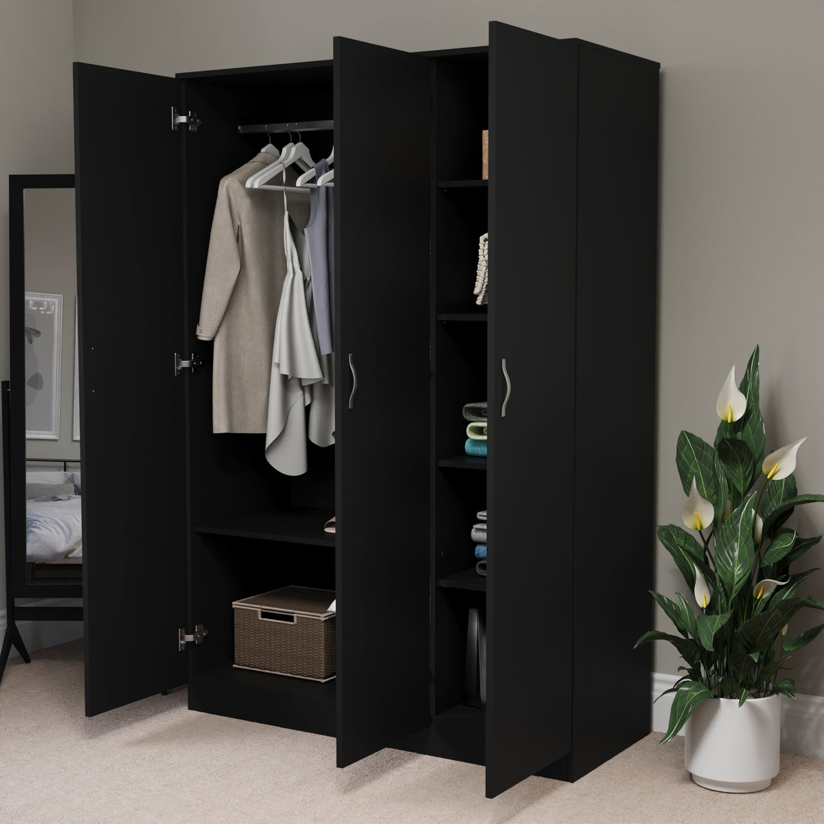 Riano 3 Door Wardrobe for Bedroom Storage - Black
