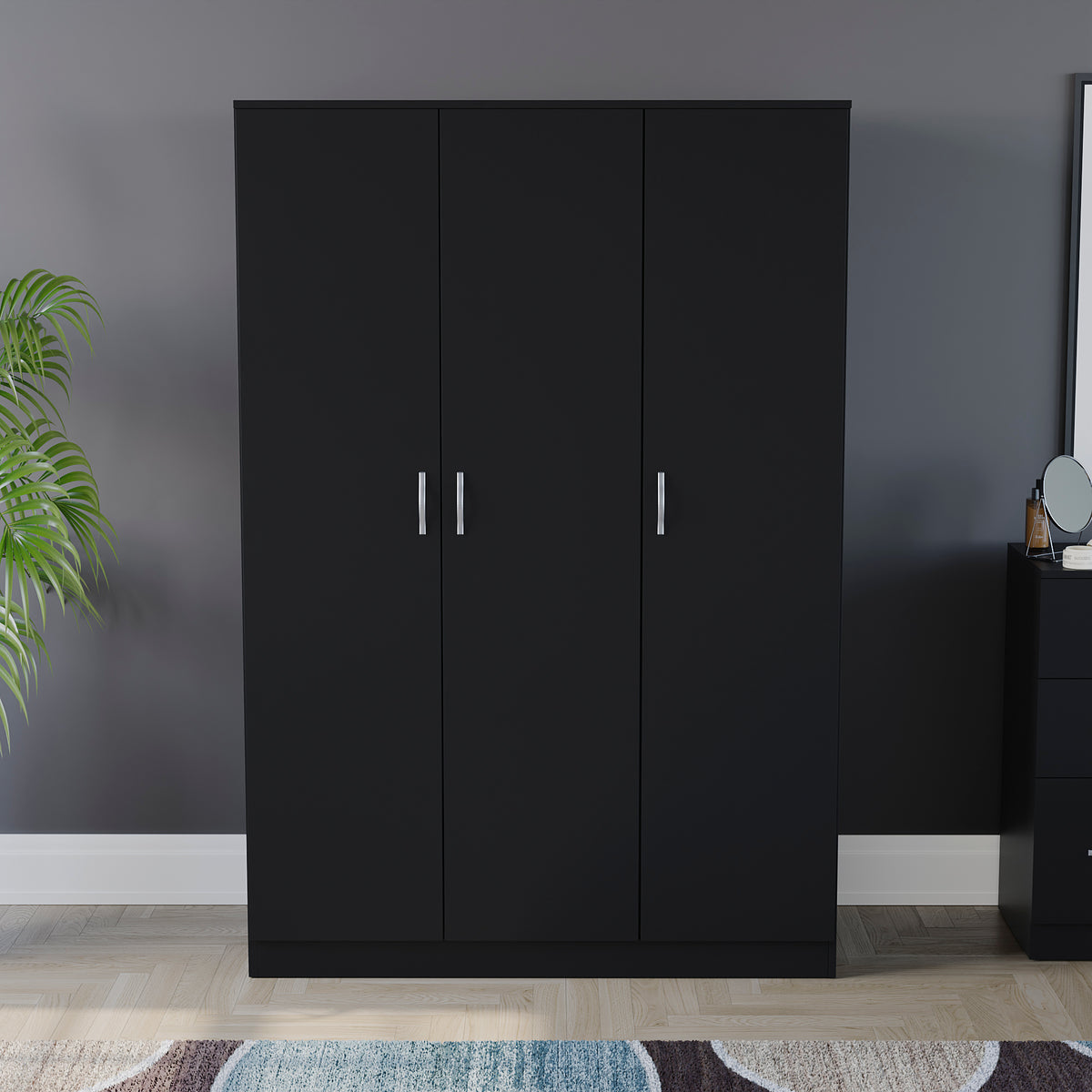 Riano 3 Door Wardrobe for Bedroom Storage - Black
