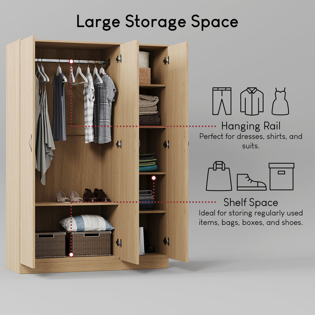 Riano 3 Door Wardrobe for Bedroom Storage - Pine
