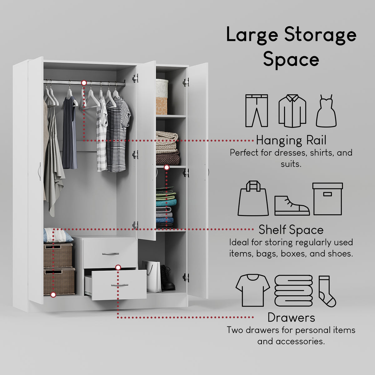 Riano 3 Door 2 Drawer Mirrored Wardrobe- White
