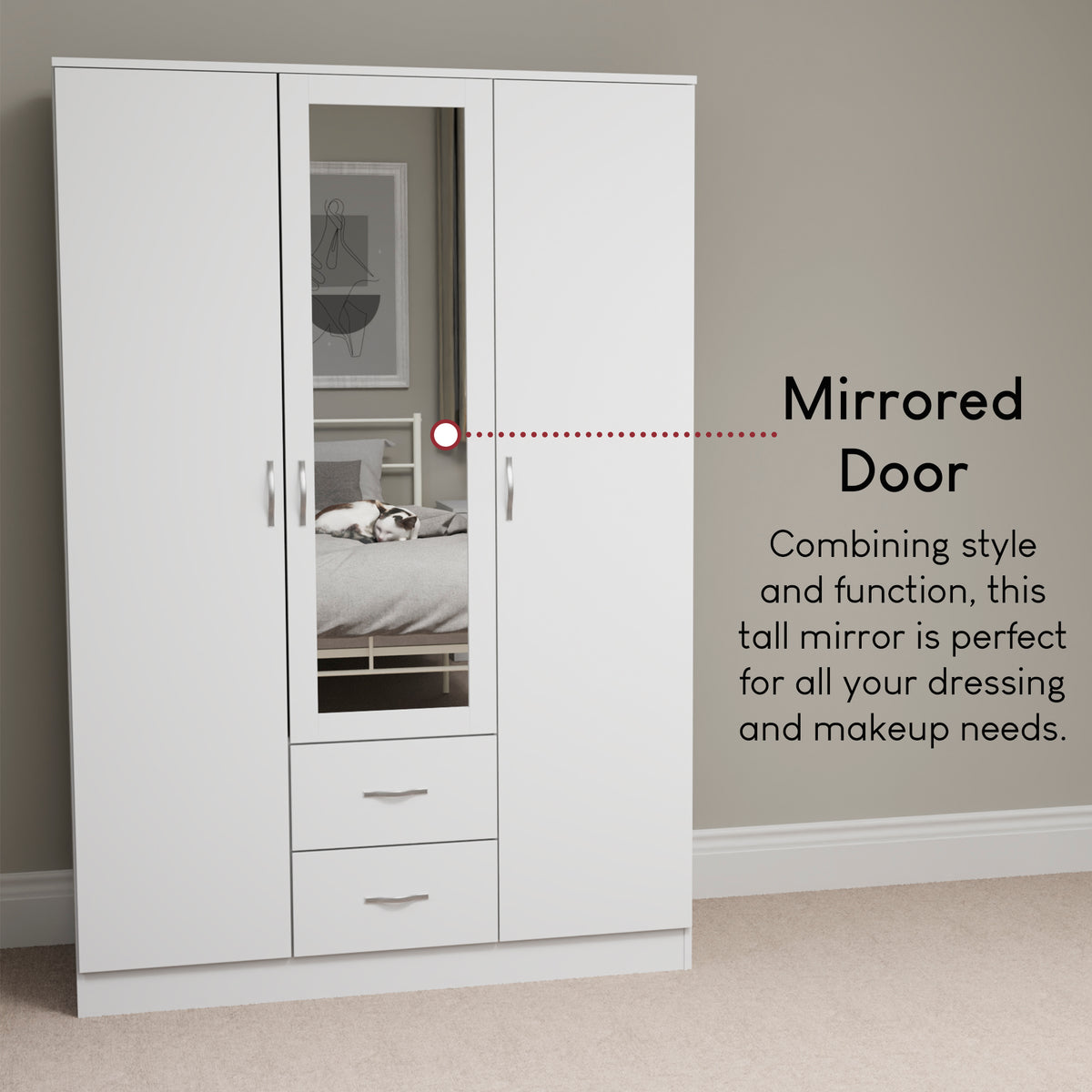 Riano 3 Door 2 Drawer Mirrored Wardrobe- White
