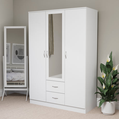 Riano 3 Door 2 Drawer Mirrored Wardrobe- White
