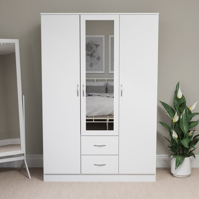 Riano 3 Door 2 Drawer Mirrored Wardrobe- White

