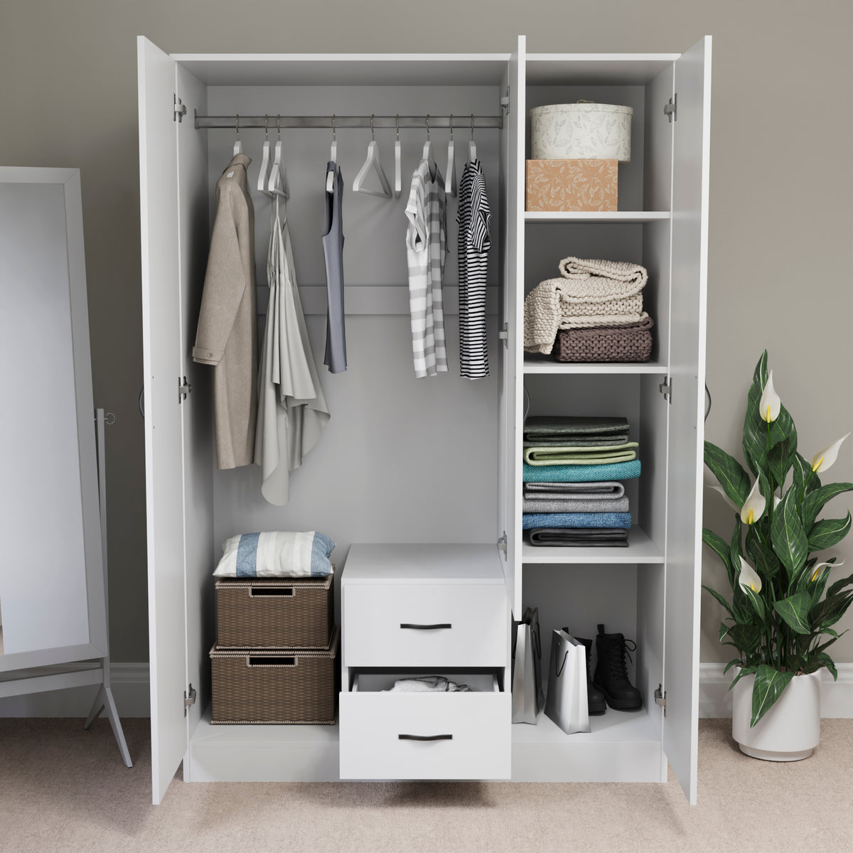 Riano 3 Door 2 Drawer Mirrored Wardrobe- White
