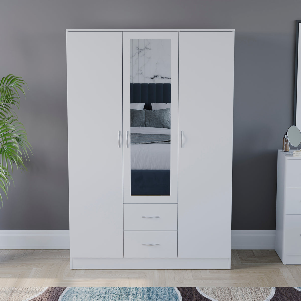 Riano 3 Door 2 Drawer Mirrored Wardrobe, White