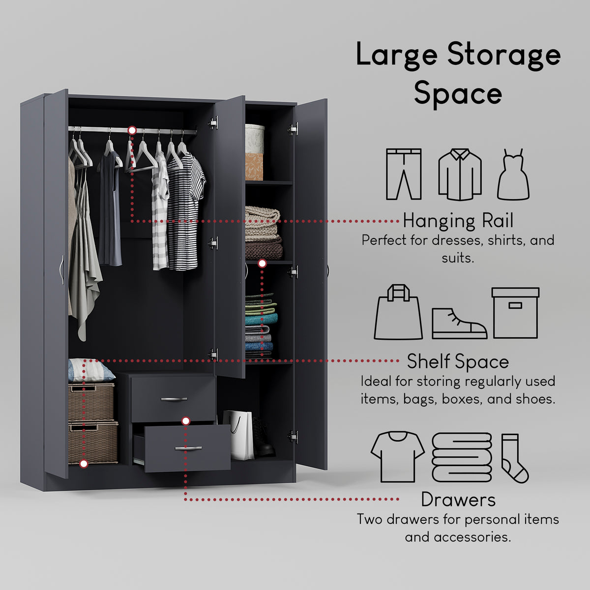 Riano 3 Door 2 Drawer Mirrored Wardrobe- Grey

