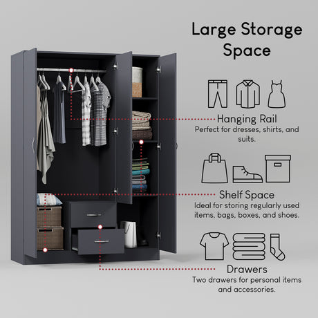 Riano 3 Door 2 Drawer Mirrored Wardrobe- Grey
