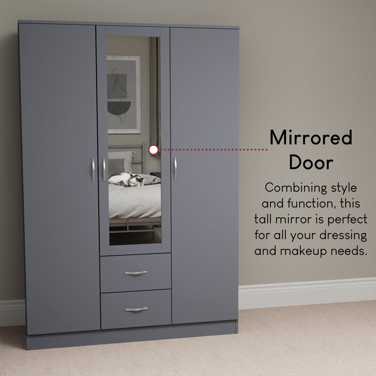 Riano 3 Door 2 Drawer Mirrored Wardrobe, Grey