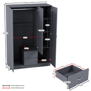 Riano 3 Door 2 Drawer Mirrored Wardrobe- Grey
