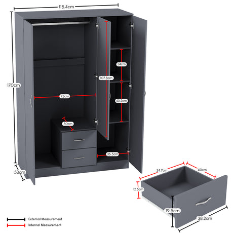 Riano 3 Door 2 Drawer Mirrored Wardrobe- Grey
