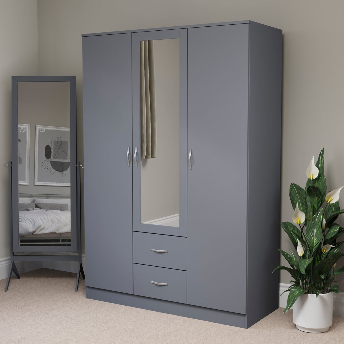 Riano 3 Door 2 Drawer Mirrored Wardrobe- Grey
