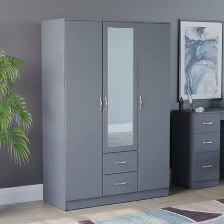 Riano 3 Door 2 Drawer Mirrored Wardrobe- Grey
