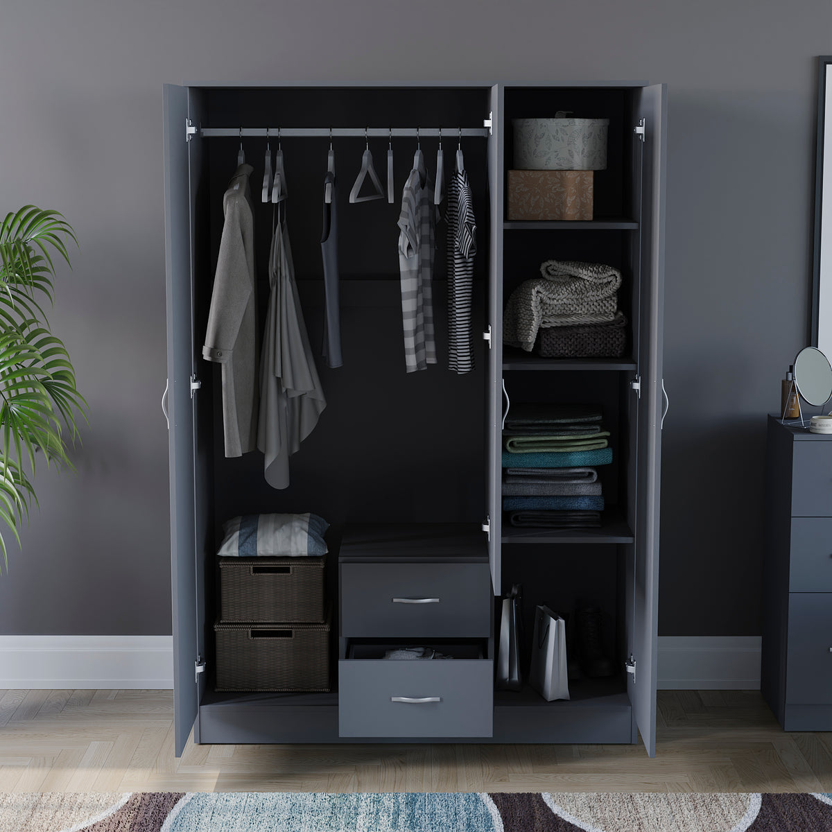 Riano 3 Door 2 Drawer Mirrored Wardrobe, Grey