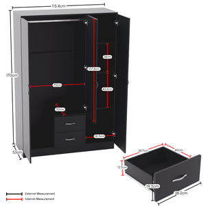 Riano 3 Door 2 Drawer Mirrored Wardrobe- Black
