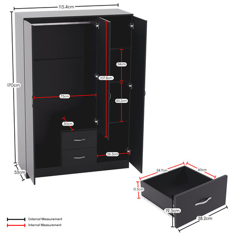 Riano 3 Door 2 Drawer Mirrored Wardrobe- Black
