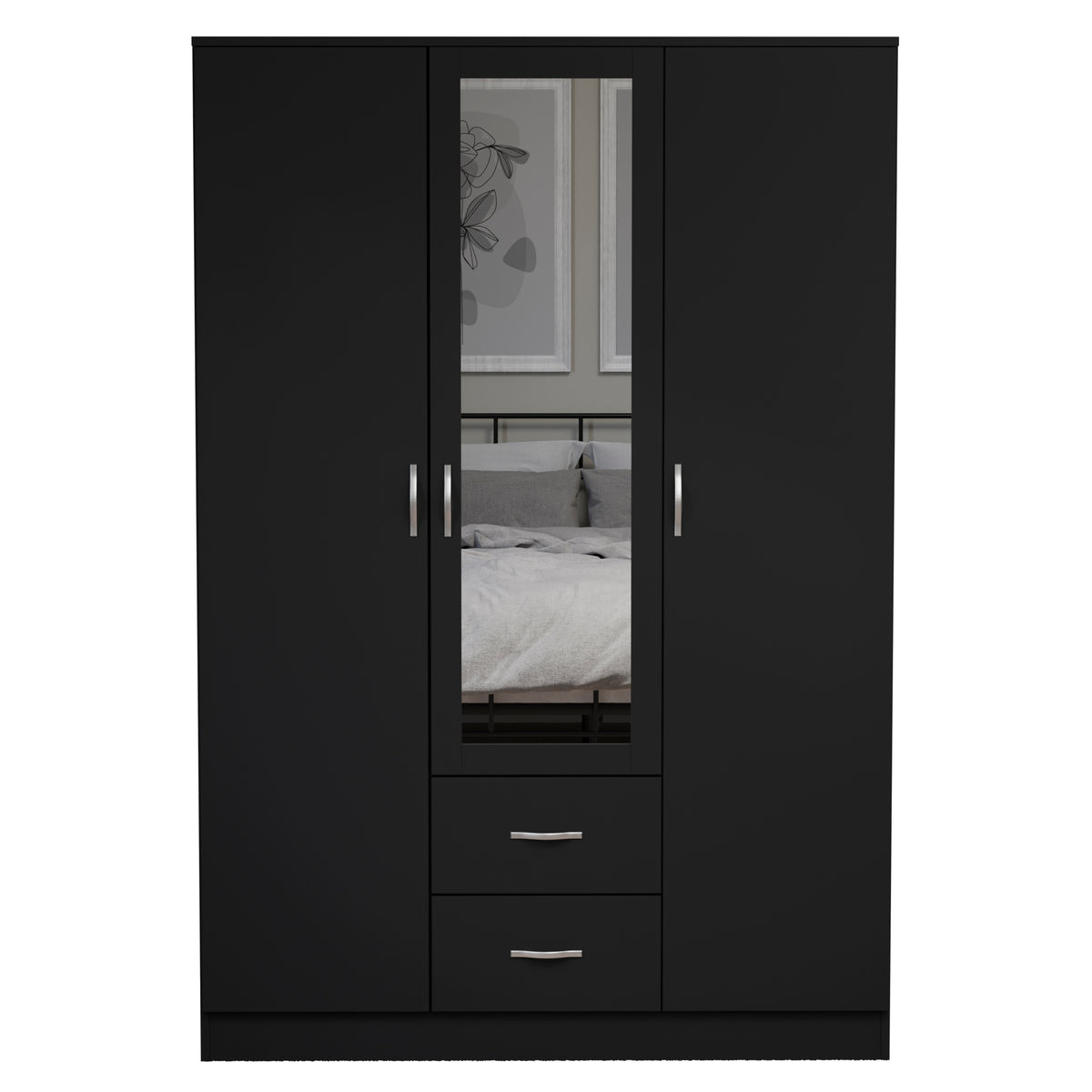 Riano 3 Door 2 Drawer Mirrored Wardrobe- Black
