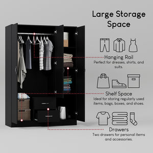Riano 3 Door 2 Drawer Mirrored Wardrobe, Black