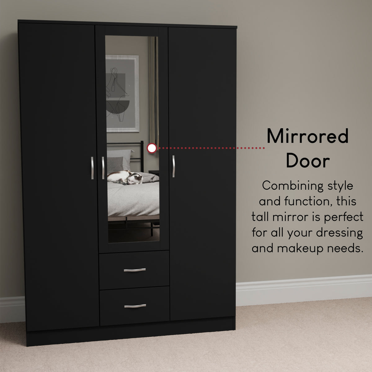 Riano 3 Door 2 Drawer Mirrored Wardrobe- Black
