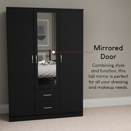 Riano 3 Door 2 Drawer Mirrored Wardrobe- Black
