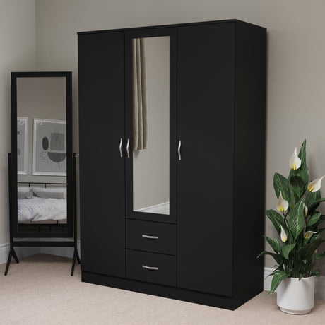 Riano 3 Door 2 Drawer Mirrored Wardrobe- Black
