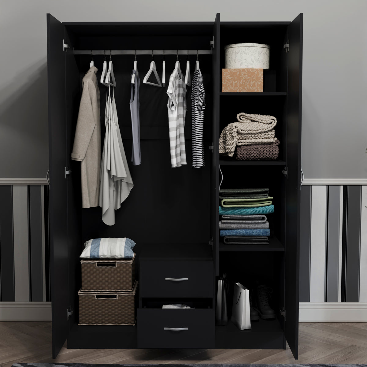 Riano 3 Door 2 Drawer Mirrored Wardrobe- Black
