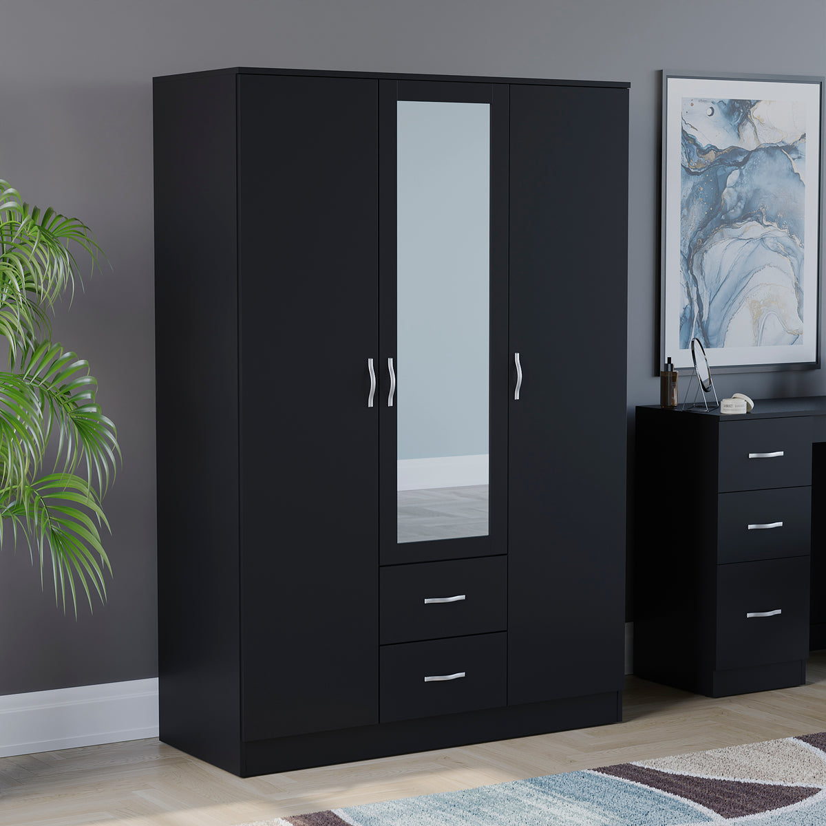 Riano 3 Door 2 Drawer Mirrored Wardrobe- Black
