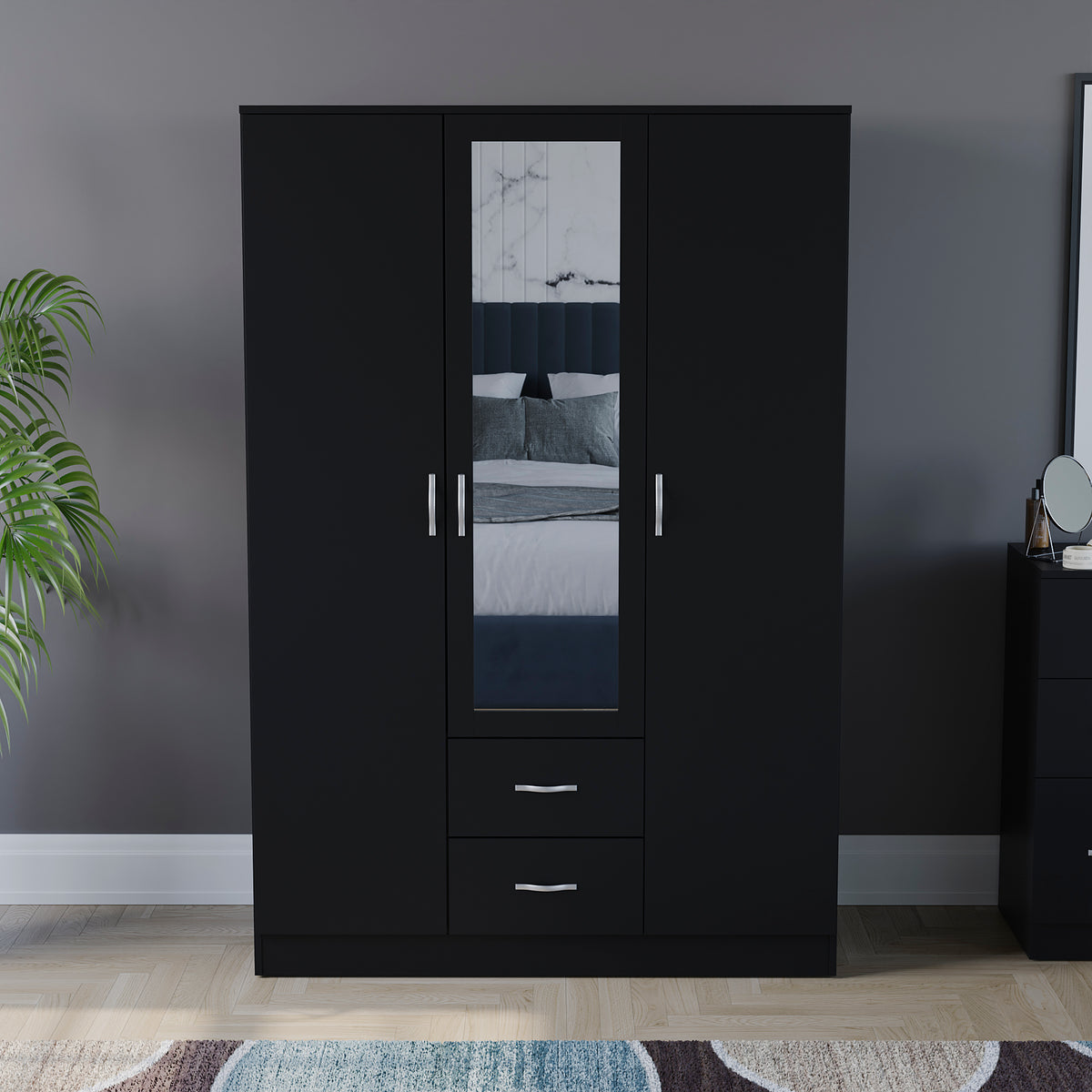 Riano 3 Door 2 Drawer Mirrored Wardrobe, Black