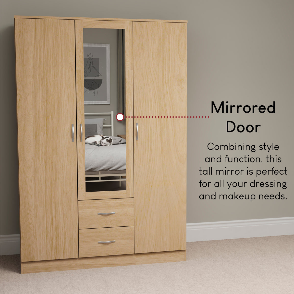 Riano 3 Door 2 Drawer Mirrored Wardrobe, Pine