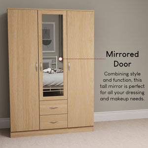 Riano 3 Door 2 Drawer Mirrored Wardrobe, Pine