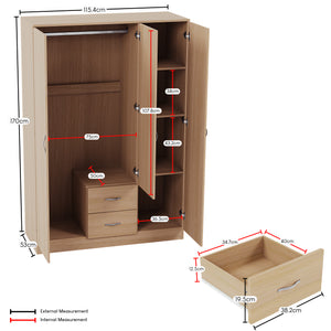 Riano 3 Door 2 Drawer Mirrored Wardrobe, Pine