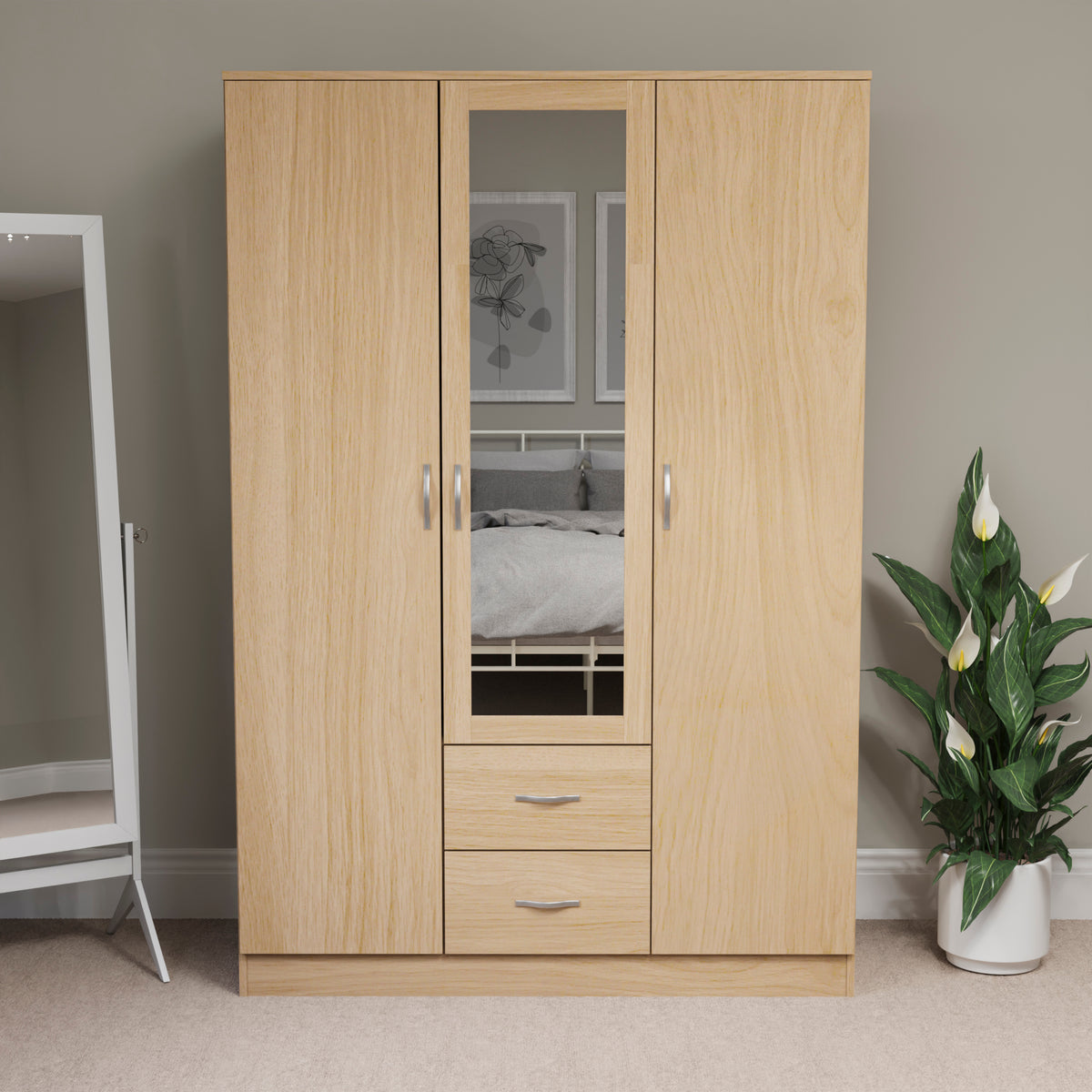 Riano 3 Door 2 Drawer Mirrored Wardrobe, Pine