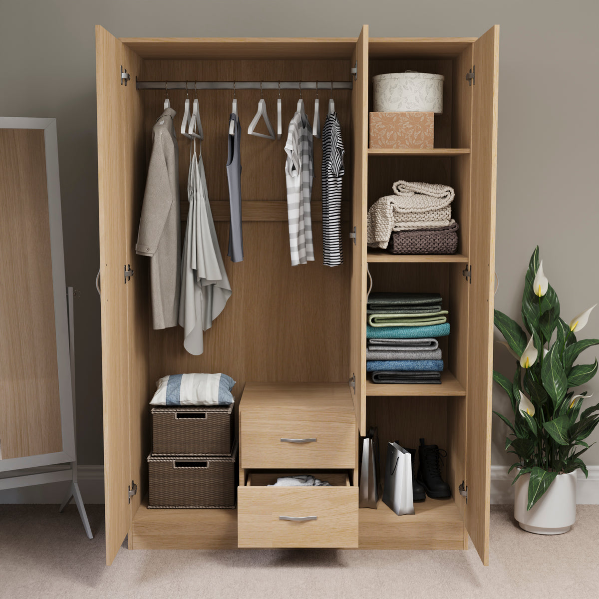 Riano 3 Door 2 Drawer Mirrored Wardrobe, Pine
