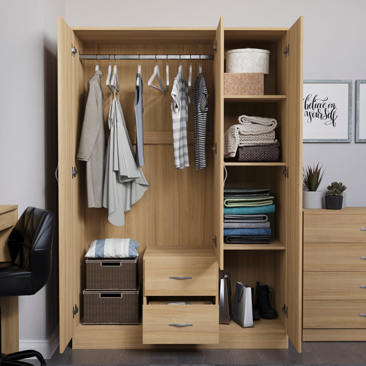 Riano 3 Door 2 Drawer Mirrored Wardrobe, Pine