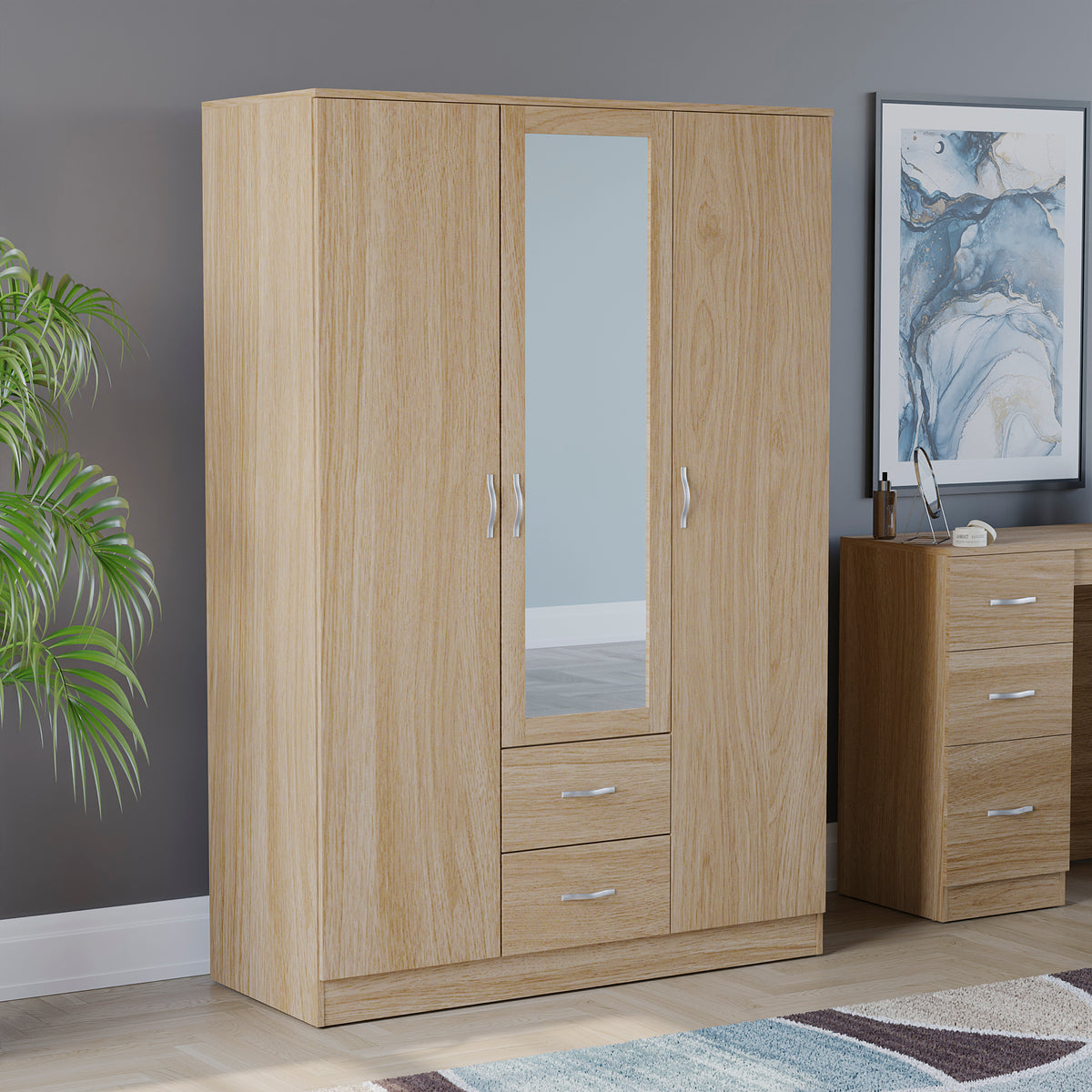 Riano 3 Door 2 Drawer Mirrored Wardrobe, Pine