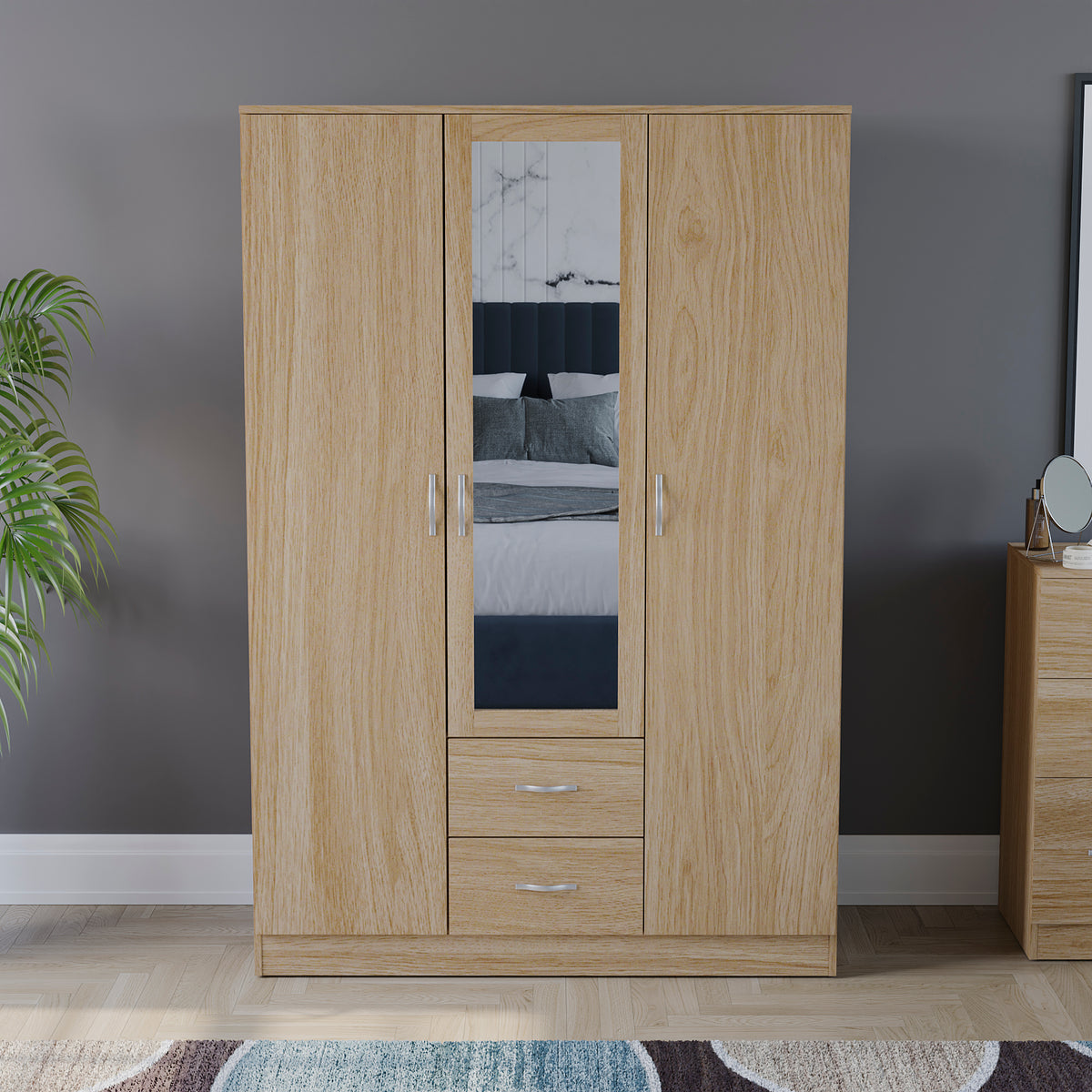Riano 3 Door 2 Drawer Mirrored Wardrobe, Pine
