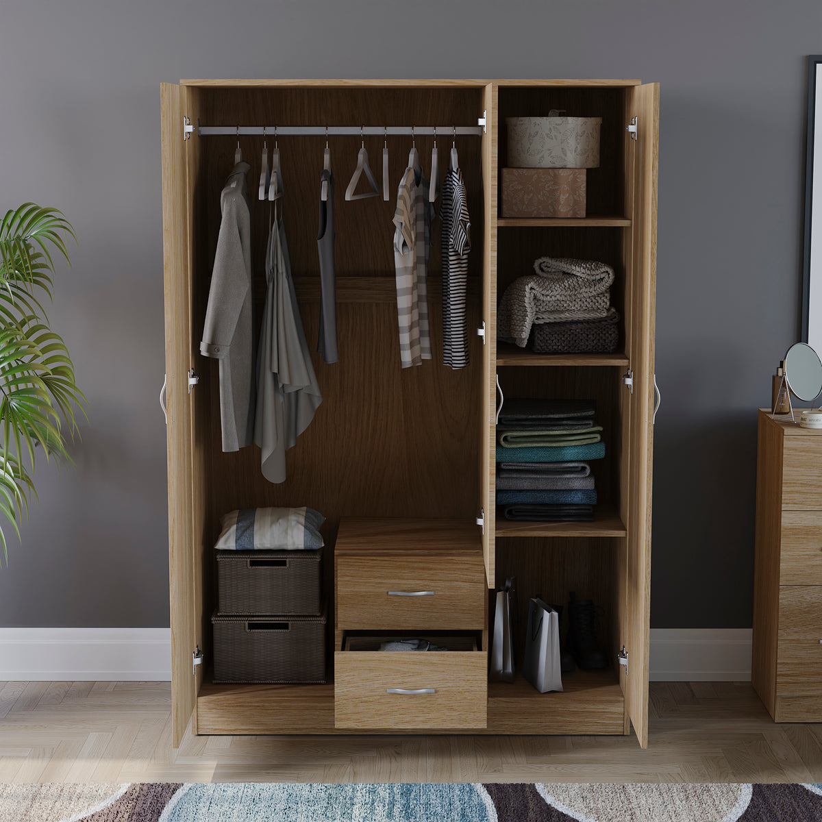 Riano 3 Door 2 Drawer Mirrored Wardrobe, Pine