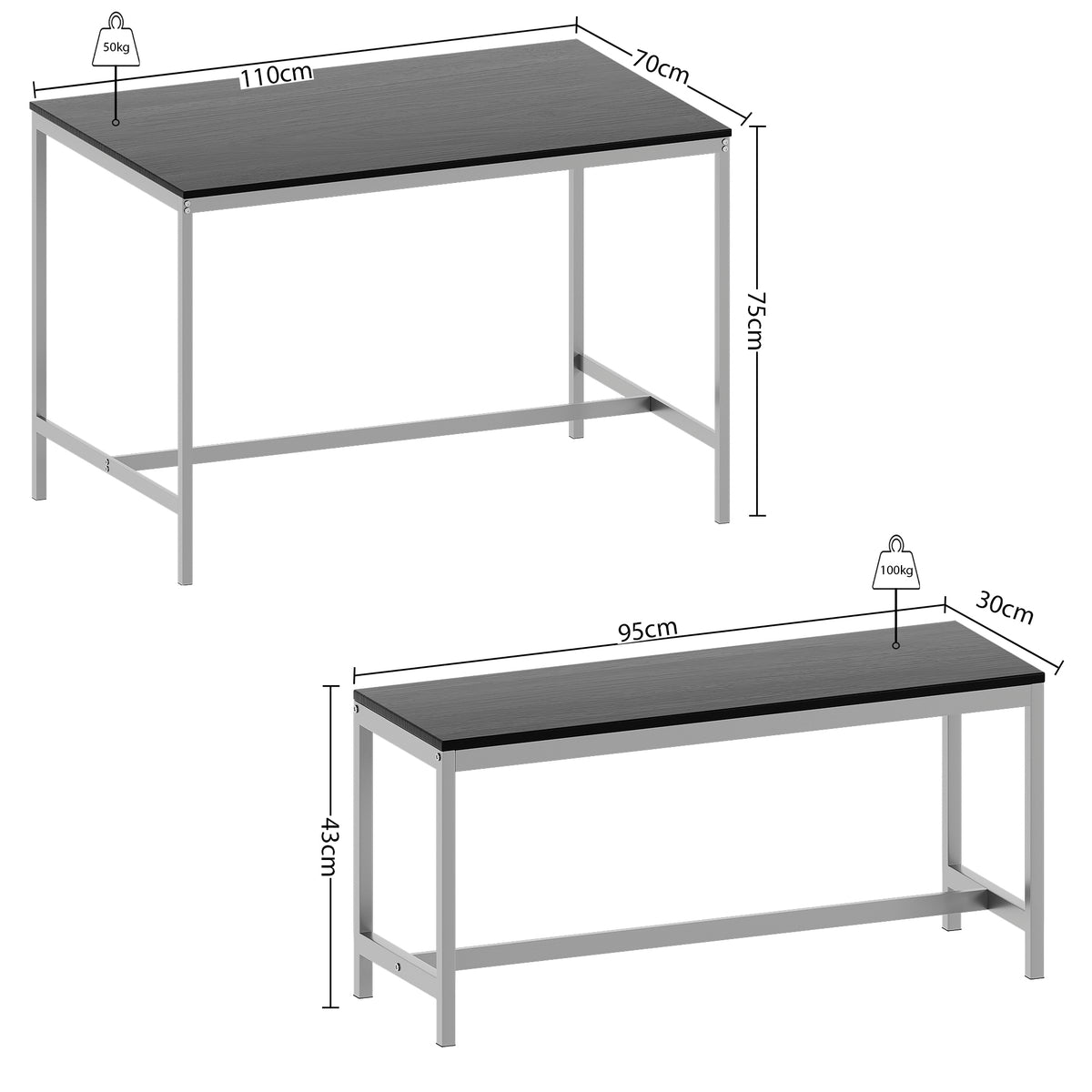 Roslyn 4 Seater Dining Table With Bench Set, Black
